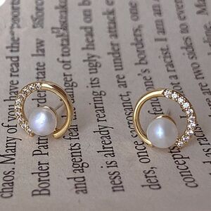 14K Gold Plated Hollow Circle Round Moon Diamond‎ Pearl Stud Earrings